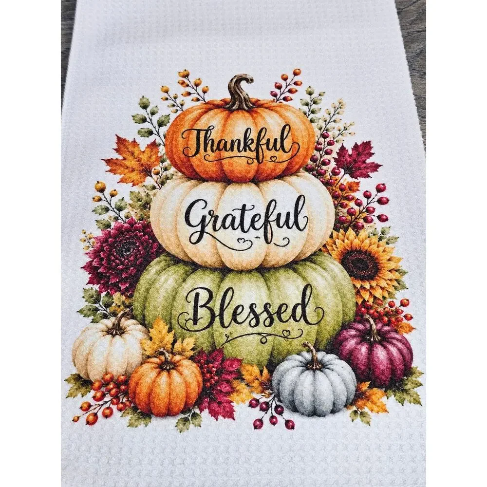 Thankful Grateful Blessed Fall Pumpkin Kitchen Towel Thanksgiving Decor